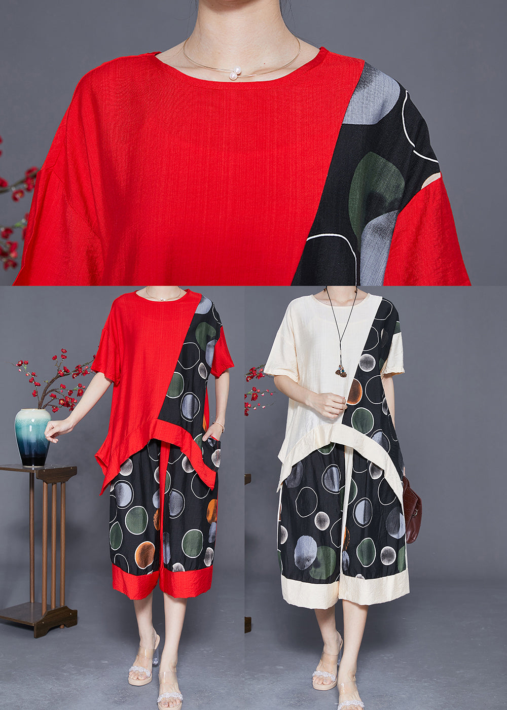Apricot Patchwork Cotton Two Pieces Set Oversized Asymmetrical Design Summer LY3617 - fabuloryshop