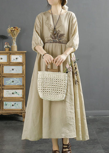 Apricot Patchwork Linen Dresses Embroideried O-Neck Wrinkled Bracelet Sleeve LY2508 - fabuloryshop