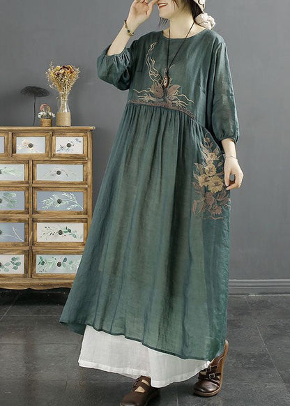 Apricot Patchwork Linen Dresses Embroideried O-Neck Wrinkled Bracelet Sleeve LY2508 - fabuloryshop