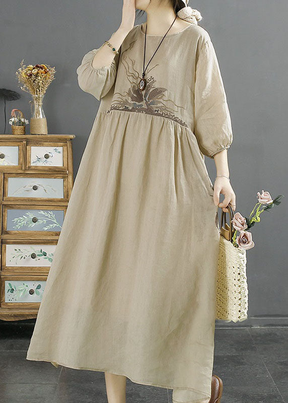 Apricot Patchwork Linen Dresses Embroideried O-Neck Wrinkled Bracelet Sleeve LY2508