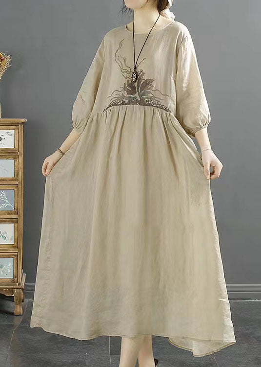 Apricot Patchwork Linen Dresses Embroideried O-Neck Wrinkled Bracelet Sleeve LY2508