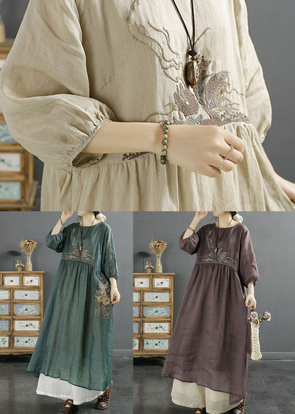 Apricot Patchwork Linen Dresses Embroideried O-Neck Wrinkled Bracelet Sleeve LY2508 - fabuloryshop