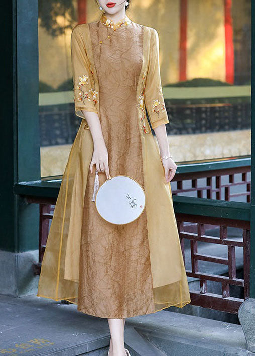 Apricot Patchwork Silk Dress Embroideried Stand Collar Spring LY1717 - fabuloryshop