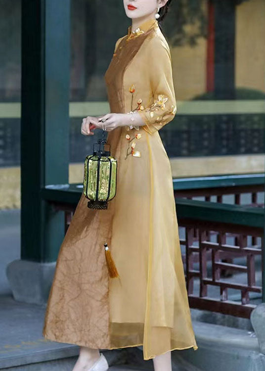 Apricot Patchwork Silk Dress Embroideried Stand Collar Spring LC0294 - fabuloryshop