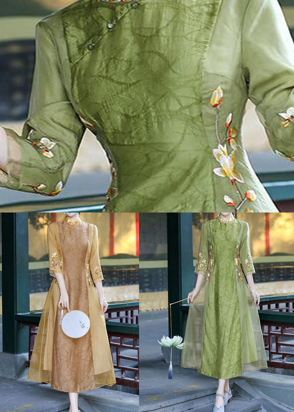 Apricot Patchwork Silk Dress Embroideried Stand Collar Spring LY1717 - fabuloryshop