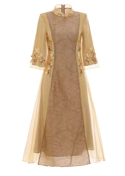 Apricot Patchwork Silk Dress Embroideried Stand Collar Spring LC0294 - fabuloryshop