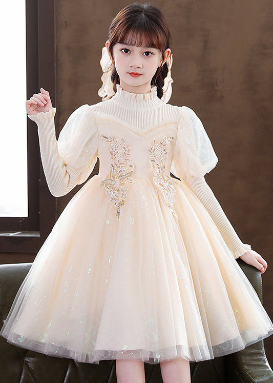 Apricot Patchwork Tulle Kids Girls Dresses Ruffled Sequins Decorated Fall Ada Fashion