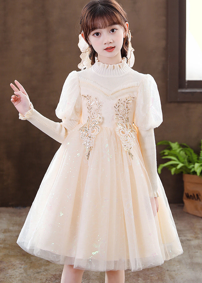 Apricot Patchwork Tulle Kids Girls Dresses Ruffled Sequins Decorated Fall Ada Fashion