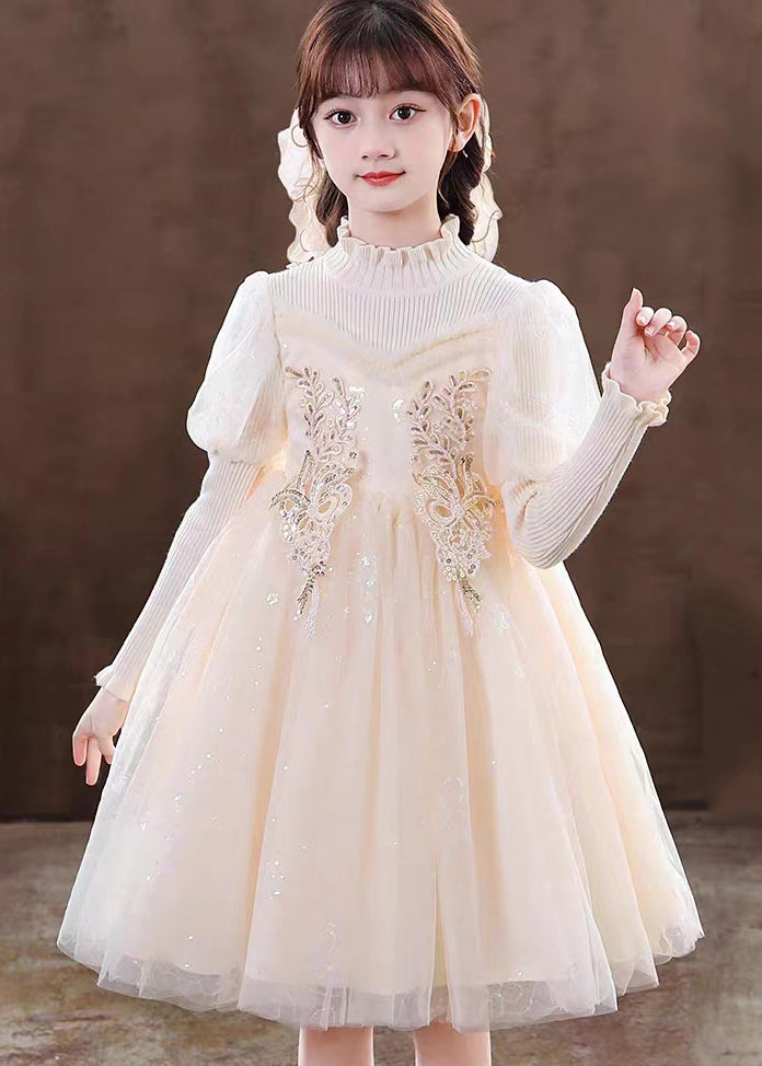 Apricot Patchwork Tulle Kids Girls Dresses Ruffled Sequins Decorated Fall Ada Fashion