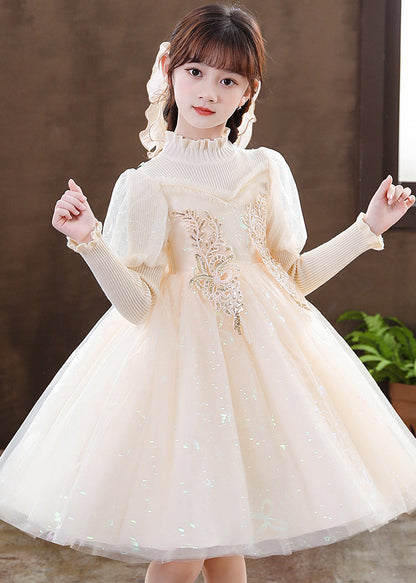 Apricot Patchwork Tulle Kids Girls Dresses Ruffled Sequins Decorated Fall Ada Fashion