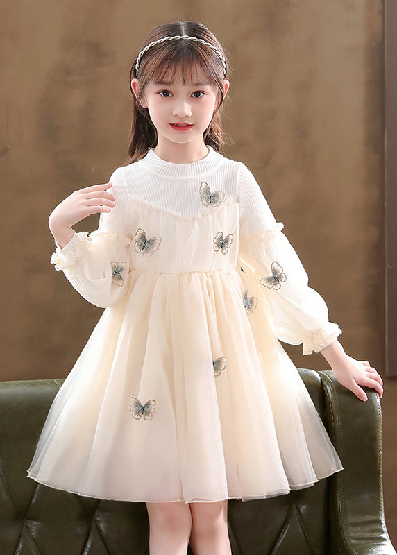 Apricot Patchwork Tulle Kids Girls Dresses Wrinkled Butterfly Fall Ada Fashion