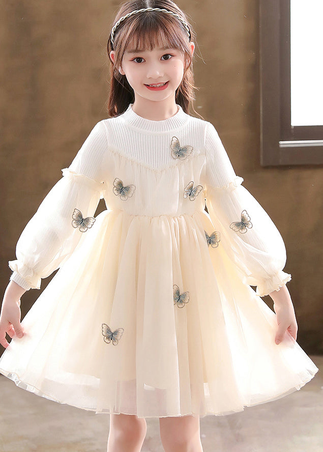 Apricot Patchwork Tulle Kids Girls Dresses Wrinkled Butterfly Fall Ada Fashion