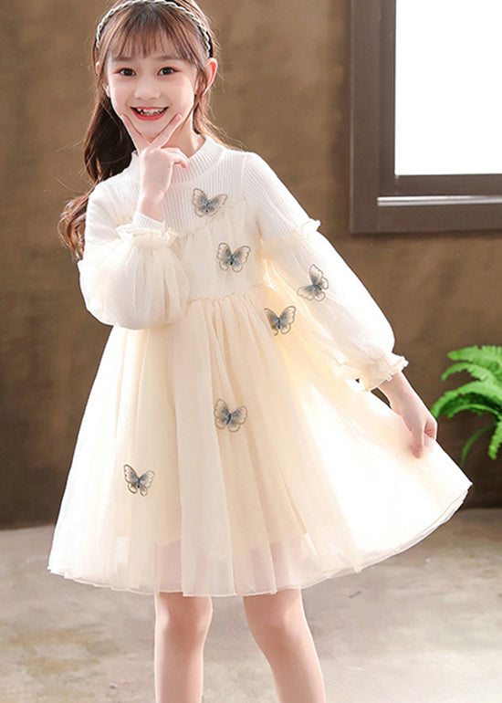 Apricot Patchwork Tulle Kids Girls Dresses Wrinkled Butterfly Fall Ada Fashion