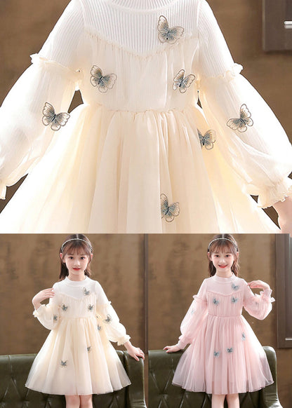 Apricot Patchwork Tulle Kids Girls Dresses Wrinkled Butterfly Fall Ada Fashion