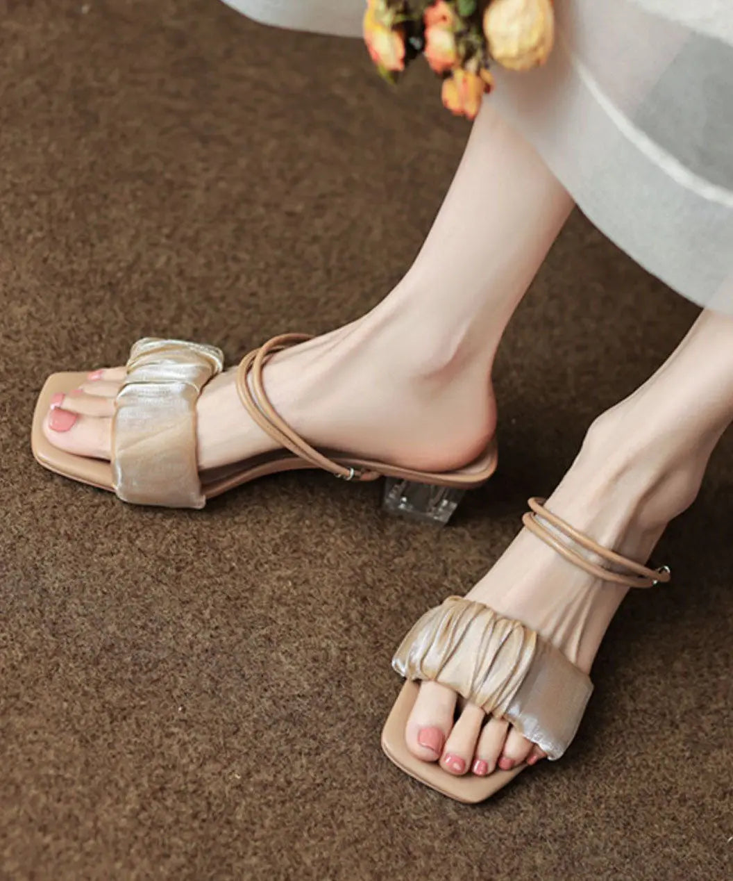 Apricot Peep Toe Wrinkled Splicing Clear Chunky Slide Sandals Ada Fashion