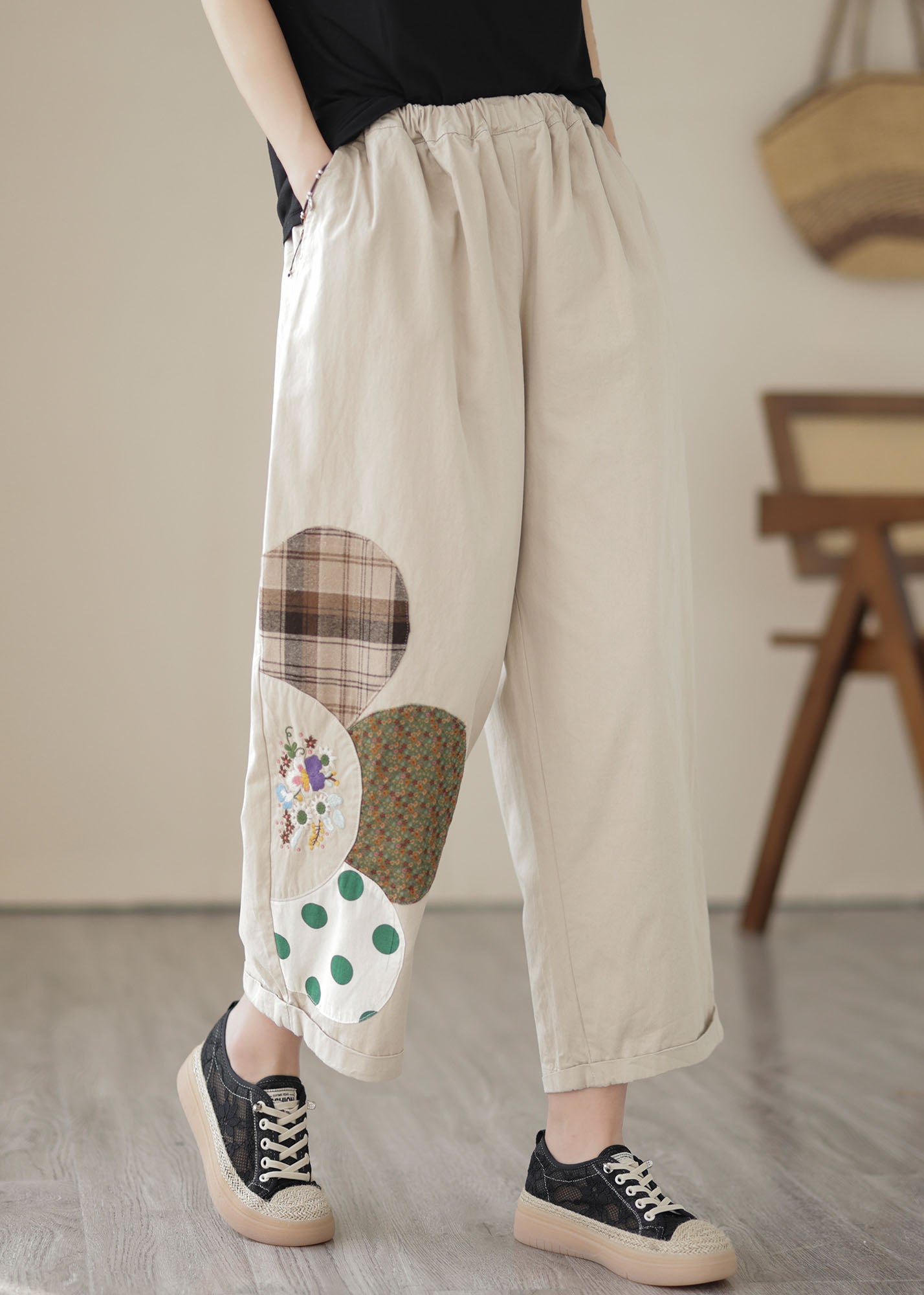 Apricot Pockets Patchwork Cotton Straight Crop Pants Embroideried Summer LY5299 - fabuloryshop