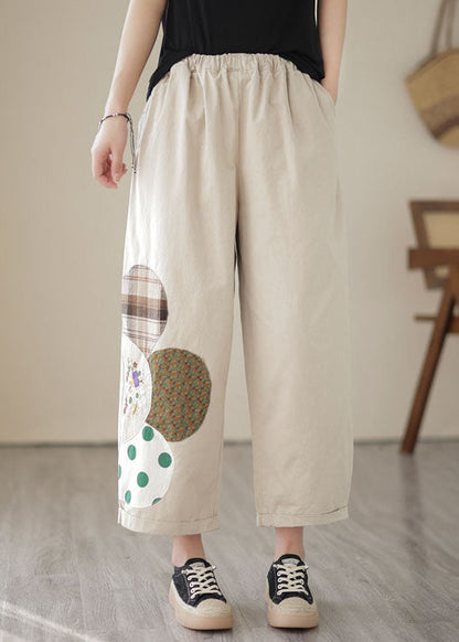 Apricot Pockets Patchwork Cotton Straight Crop Pants Embroideried Summer LY5299 - fabuloryshop