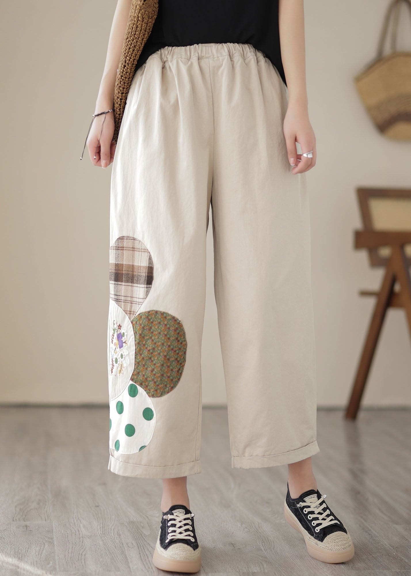 Apricot Pockets Patchwork Cotton Straight Crop Pants Embroideried Summer LY5299 - fabuloryshop