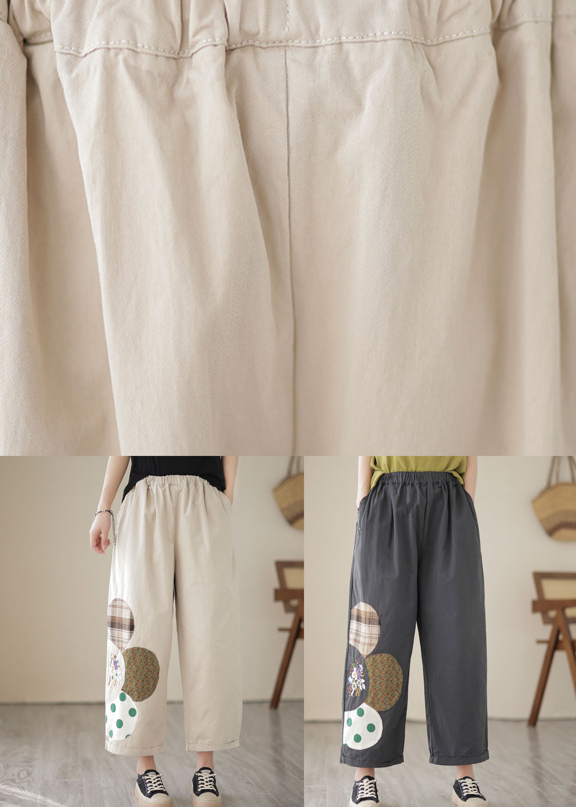 Apricot Pockets Patchwork Cotton Straight Crop Pants Embroideried Summer LY5299 - fabuloryshop