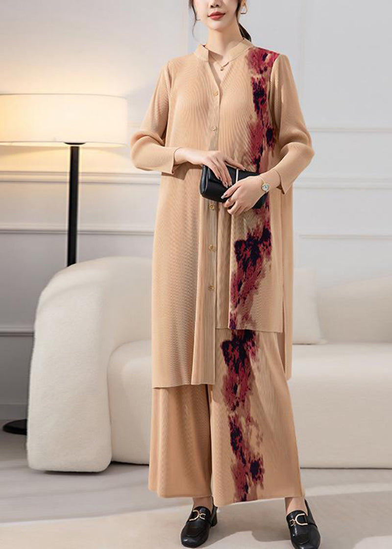 Apricot Print Wrinkled Two Pieces Set V Neck Low High Design Spring LY2731 - fabuloryshop