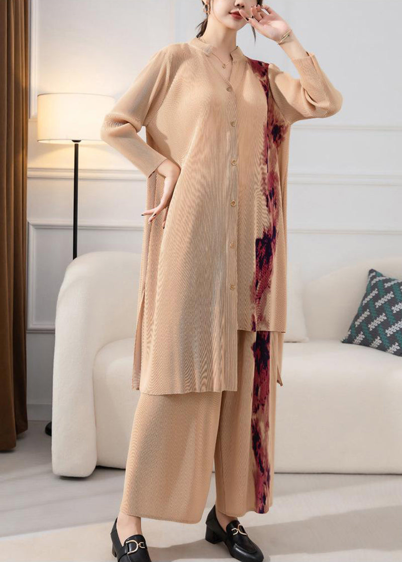 Apricot Print Wrinkled Two Pieces Set V Neck Low High Design Spring LY2731 - fabuloryshop