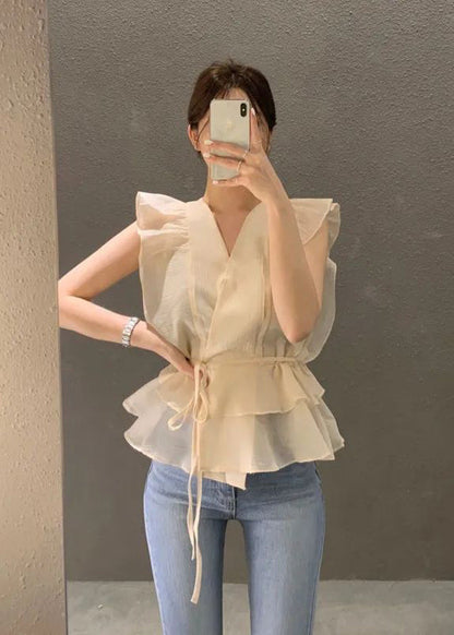 Apricot Slim Fit Shirt Top V Neck Tie Waist Sleeveless LY2638 - fabuloryshop