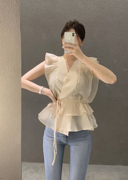 Apricot Slim Fit Shirt Top V Neck Tie Waist Sleeveless LY2638 - fabuloryshop