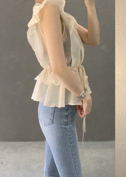 Apricot Slim Fit Shirt Top V Neck Tie Waist Sleeveless LY2638 - fabuloryshop