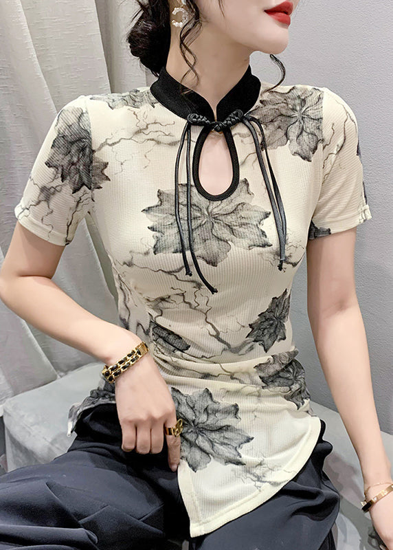 Apricot Stand Collar Print Button T Shirts Summer Ada Fashion