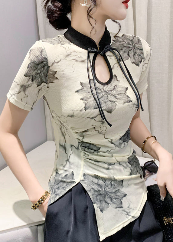 Apricot Stand Collar Print Button T Shirts Summer Ada Fashion