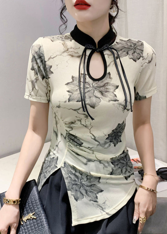 Apricot Stand Collar Print Button T Shirts Summer Ada Fashion