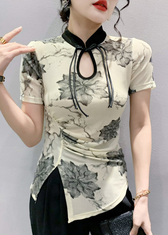 Apricot Stand Collar Print Button T Shirts Summer Ada Fashion