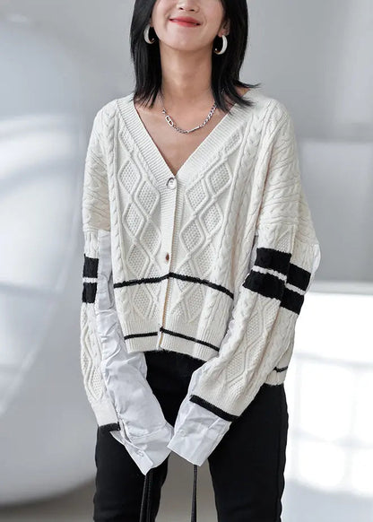 Apricot Wrinkled Cozy Cotton Knit Top V Neck Long Sleeve Ada Fashion