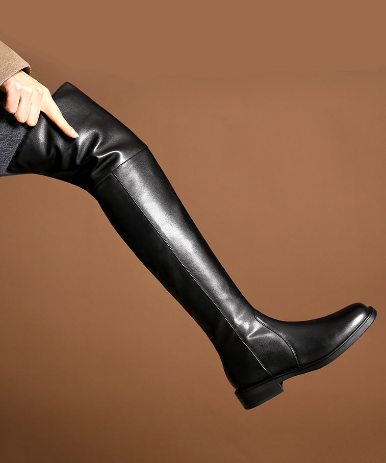 Apricot Zip Up Chic Splicing Cowhide Leather Knee Boots Ada Fashion