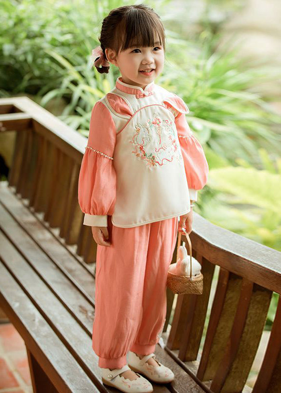 Aqua Red Elastic Waist Patchwork Cotton Girls Two Piece Set Stand Collar Long Sleeve Ada Fashion