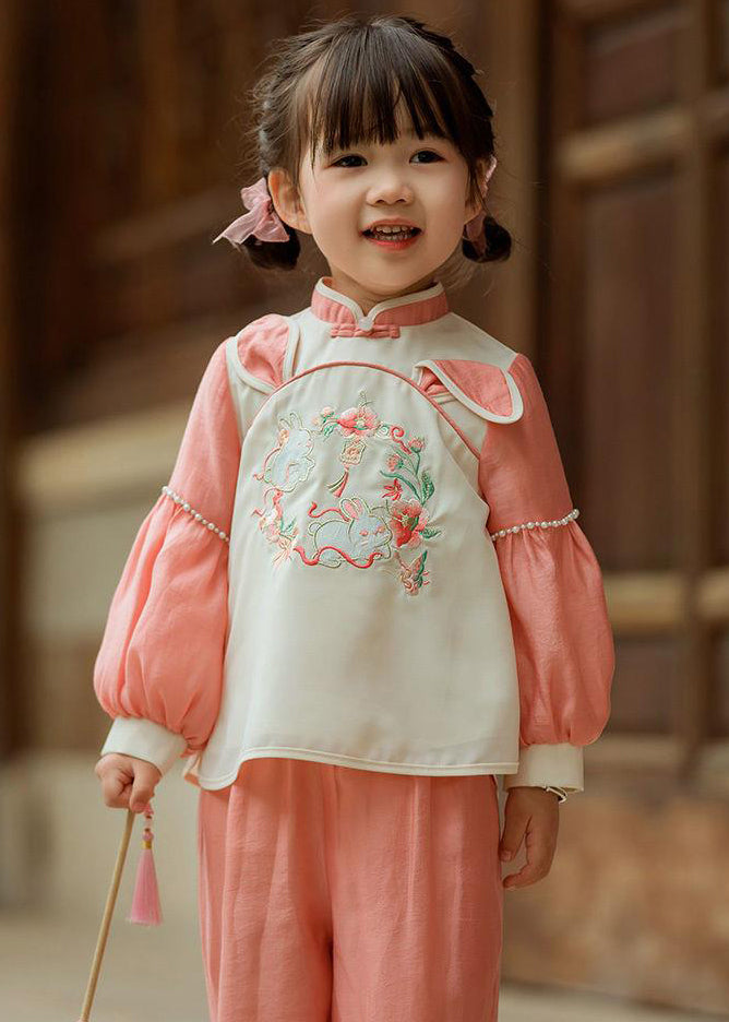 Aqua Red Elastic Waist Patchwork Cotton Girls Two Piece Set Stand Collar Long Sleeve Ada Fashion