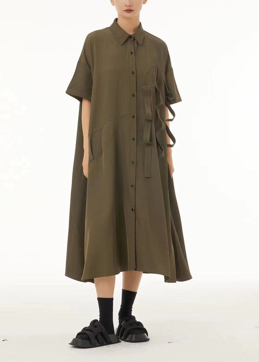 Army Green Patchwork Cotton Shirt Dresses Oversized Original Design Summer LC0144 - fabuloryshop