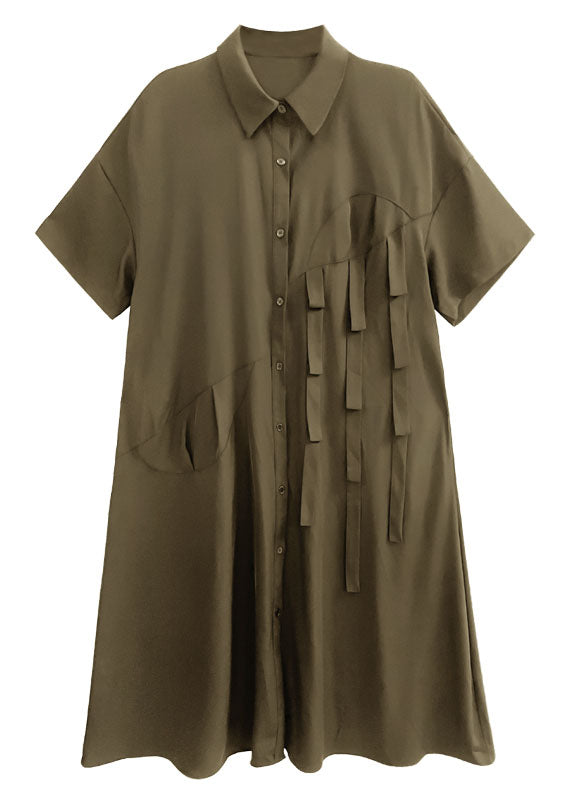 Army Green Patchwork Cotton Shirt Dresses Oversized Original Design Summer LC0144