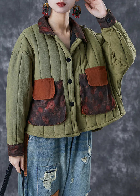 Army Green Patchwork Pockets Fine Cotton Filled Coat Oversized Winter Ada Fashion