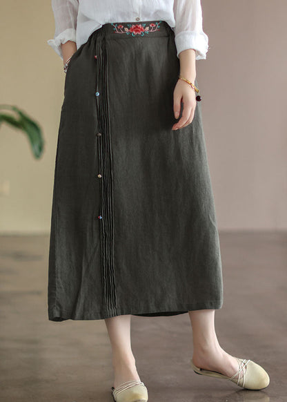 Army Green Pockets Patchwork Cotton Skirt Embroideried Summer Ada Fashion