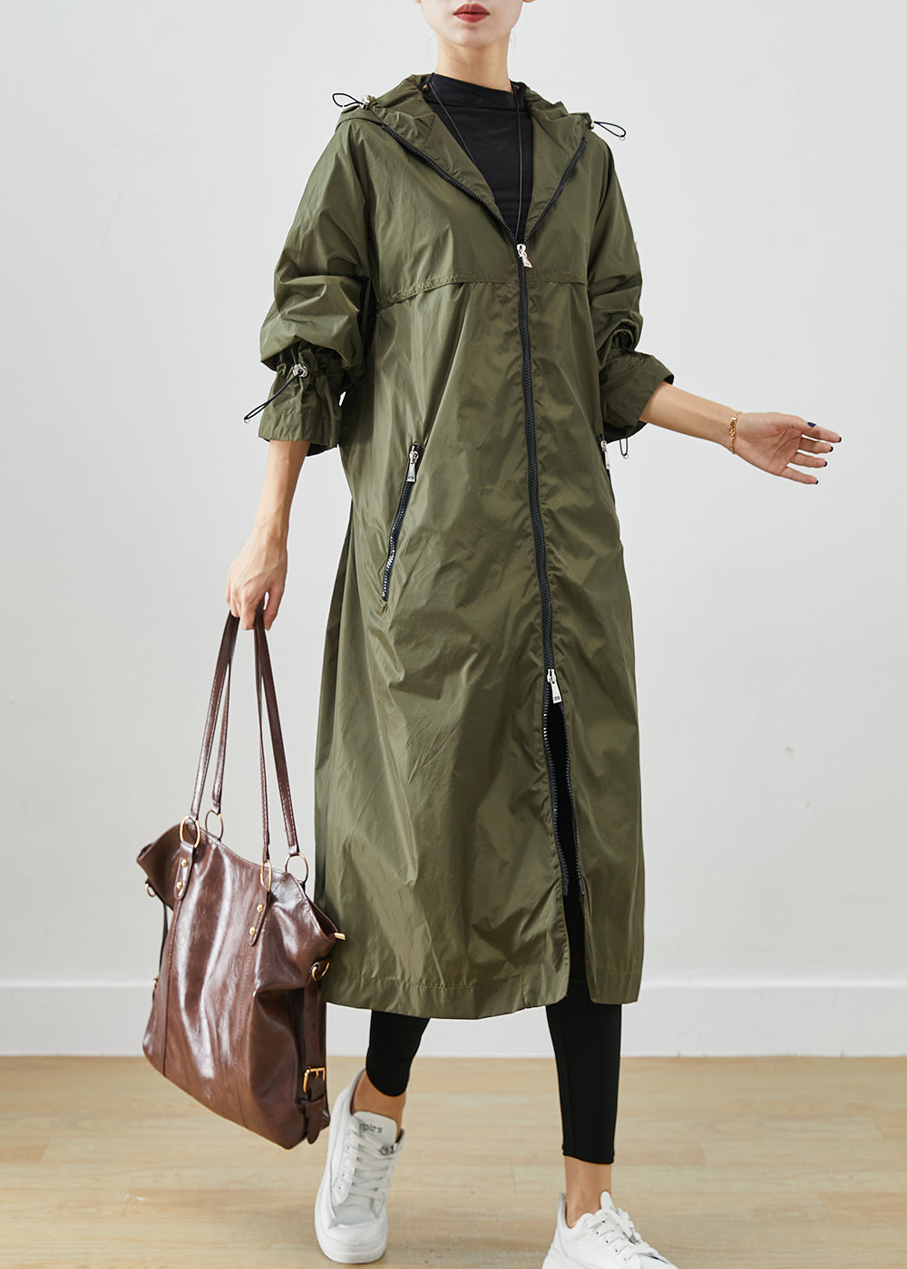 Army Green Spandex Trench Cinched Drawstring Fall Ada Fashion