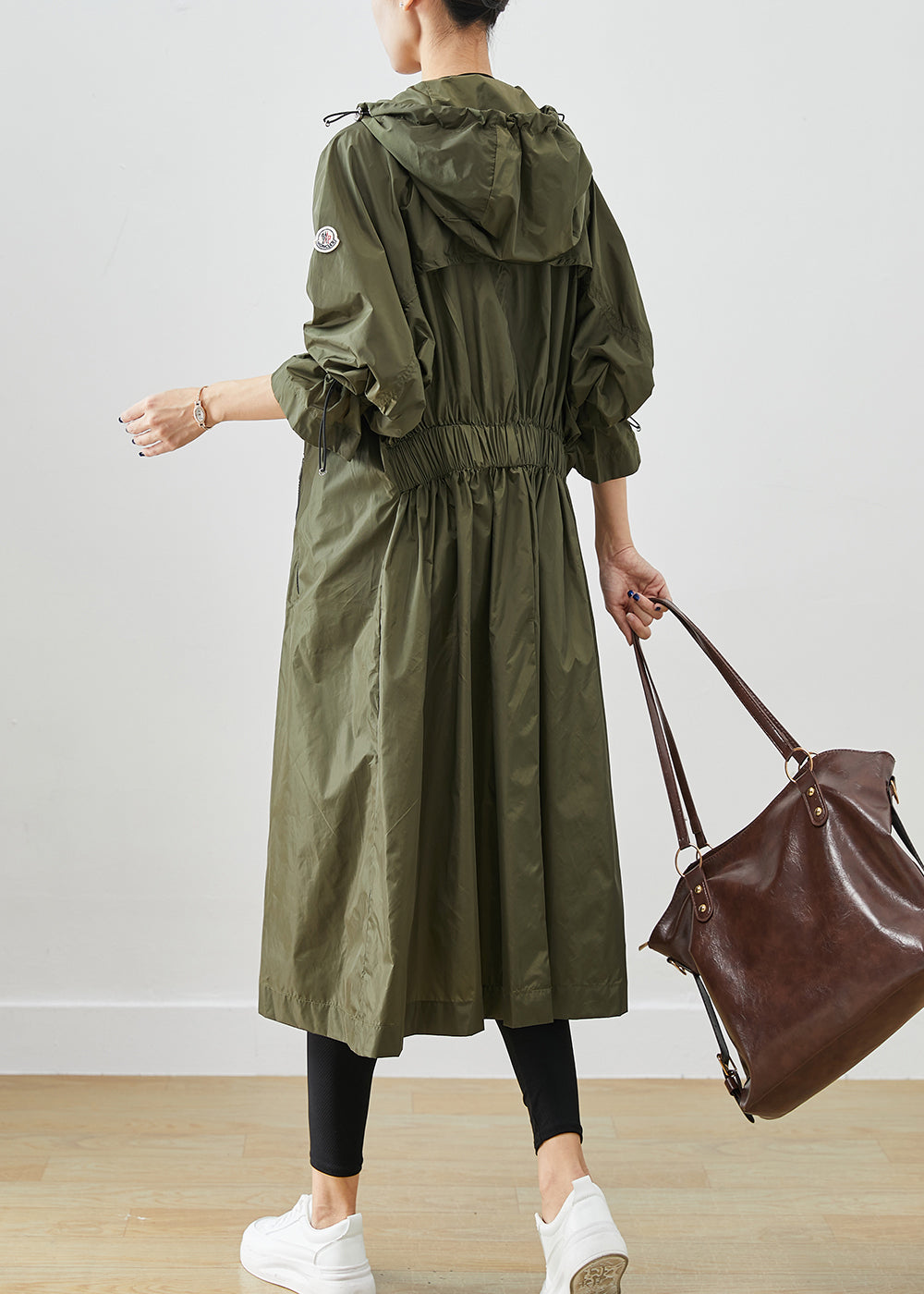 Army Green Spandex Trench Cinched Drawstring Fall Ada Fashion