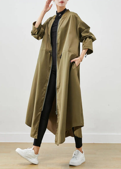 Army Green Spandex Trench Coats Zip Up Drawstring Fall Ada Fashion