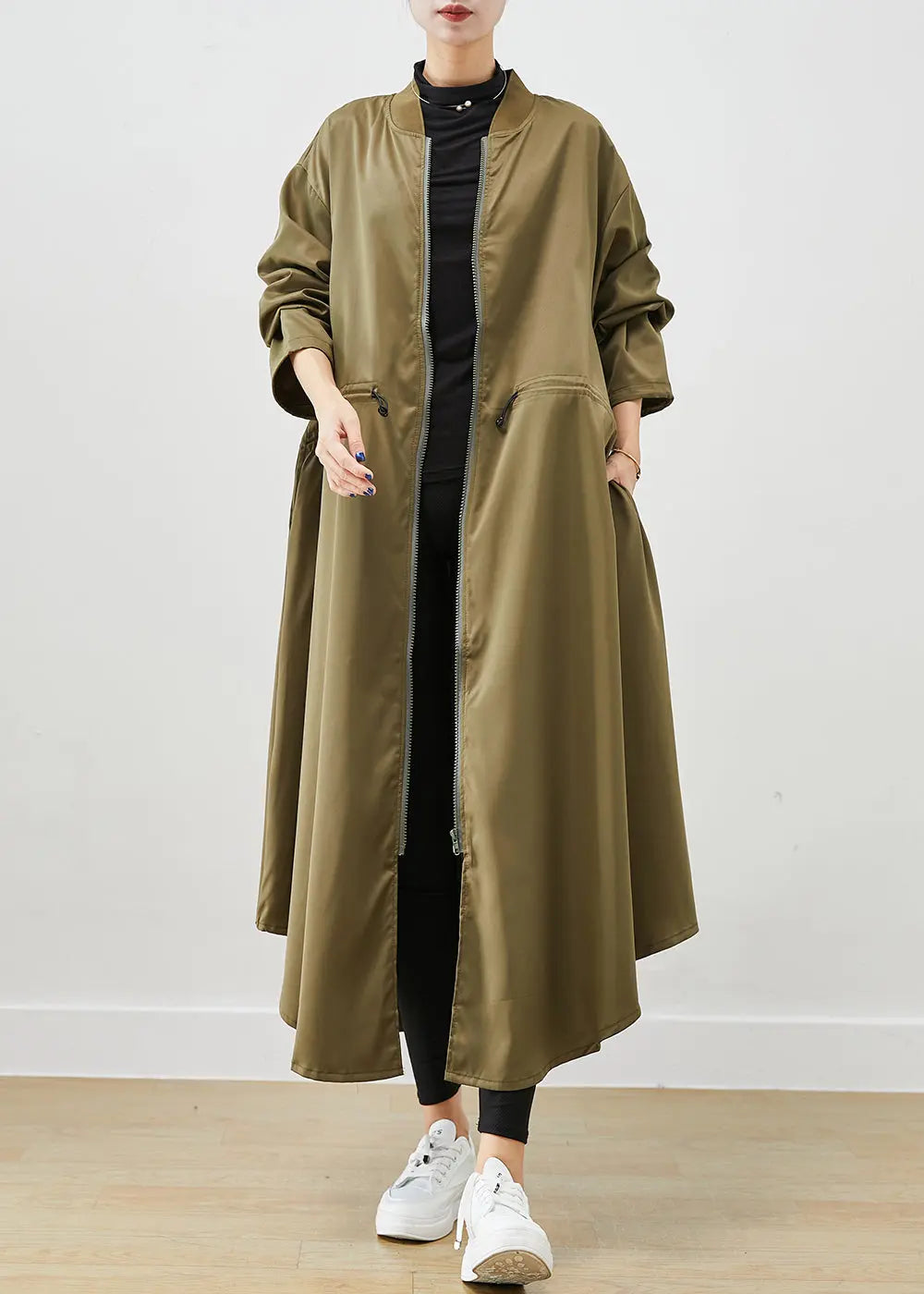 Army Green Spandex Trench Coats Zip Up Drawstring Fall Ada Fashion