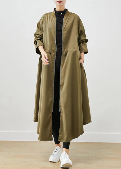 Army Green Spandex Trench Coats Zip Up Drawstring Fall Ada Fashion