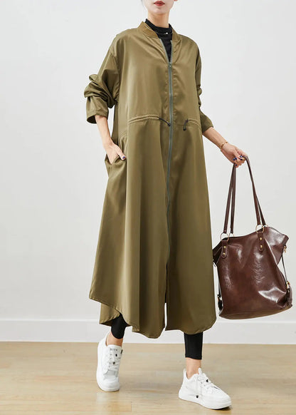 Army Green Spandex Trench Coats Zip Up Drawstring Fall Ada Fashion