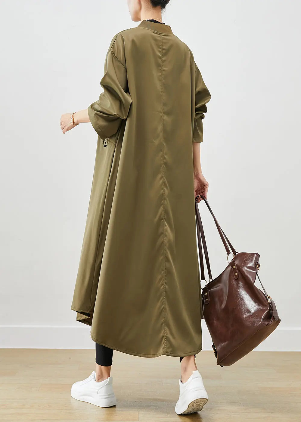 Army Green Spandex Trench Coats Zip Up Drawstring Fall Ada Fashion