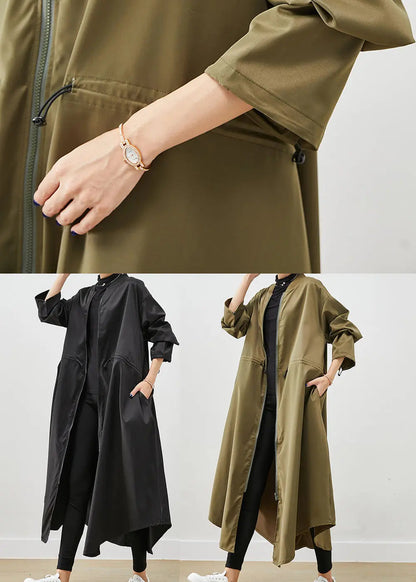 Army Green Spandex Trench Coats Zip Up Drawstring Fall Ada Fashion