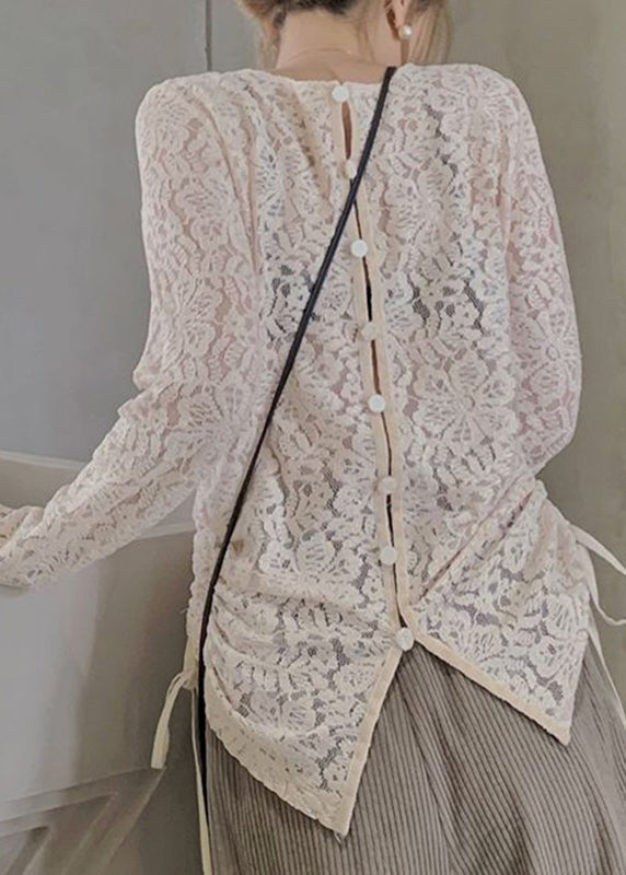 Art Apricot O-Neck Patchwork Drawstring Silk Velour Lace Top Long Sleeve Ada Fashion