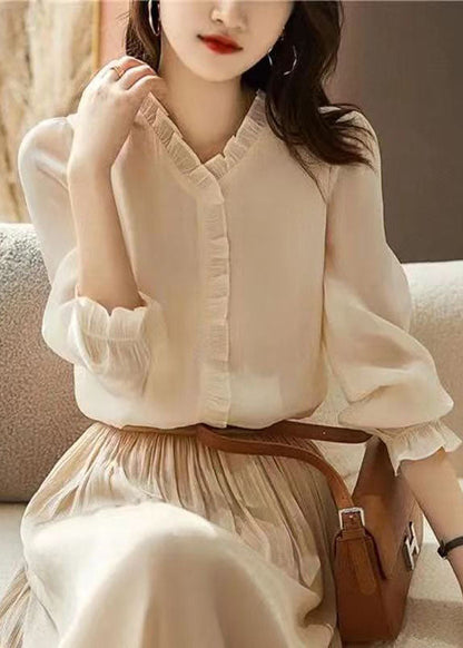 Art Apricot Ruffled Patchwork Chiffon Shirt Top Spring LY1477 - fabuloryshop